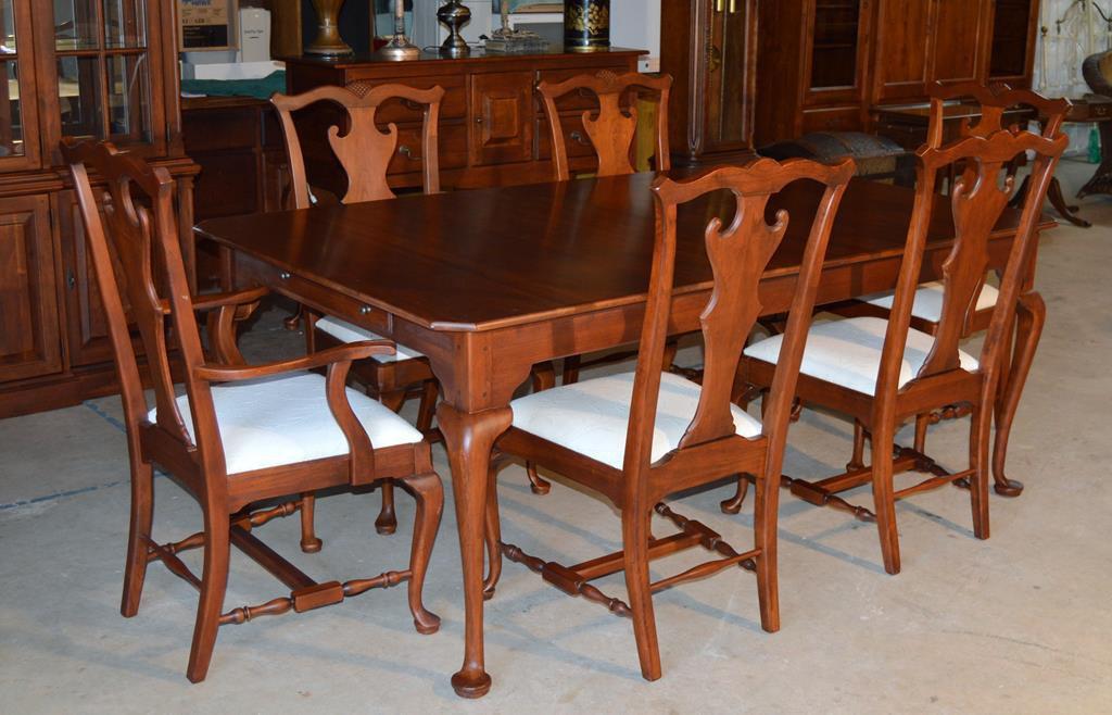 Set 6 Lexington Bob Timberlake Queen Anne Style Cherry Dining Chairs, Clean Neutral Upholstery, Two