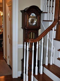 Handsome Howard Miller Cherry Cabinet Grandfather Clock, Moon Phase Dial, 3 Chime Settings