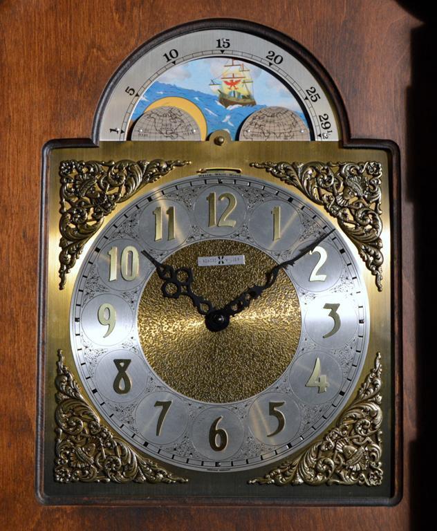 Handsome Howard Miller Cherry Cabinet Grandfather Clock, Moon Phase Dial, 3 Chime Settings