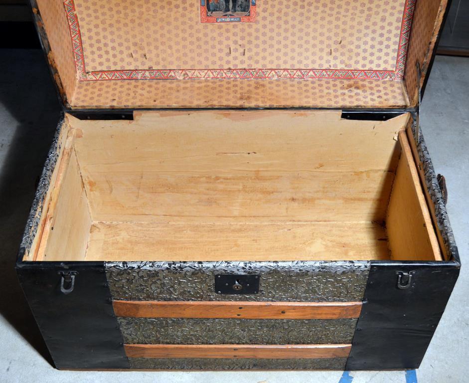Antique Oak Banded, Stamped Tin and Black Steamer Chest, Original Paper Lining, Recessed Caster Feet