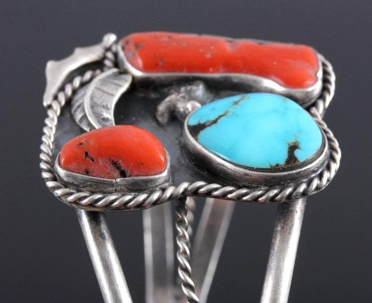 Signed Navajo Sterling Silver Turquoise Coral Cuff