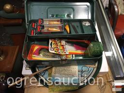 Fishing - Tackle and tackle box, lures, bait, Duck serving tray misc.