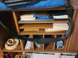 WOODEN DESK WITH ORGANIZATION COMPARTMENTS (2'X5' BASE) WITH OFFICE SUPPLIE