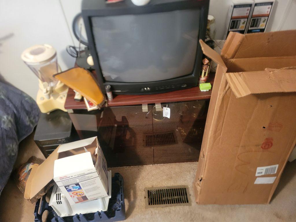 BLENDER, DVD PLAYER, SMALL SYLVANIA 19 TV, TV STAND WITH GLASS DOORS, IGLOO