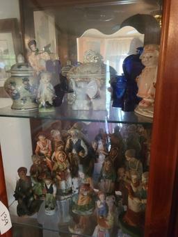 WOOD AND GLASS CABINET, ASSORTED FIGURINES, CHINA SET, GLASS CLOCK :INCLUDE