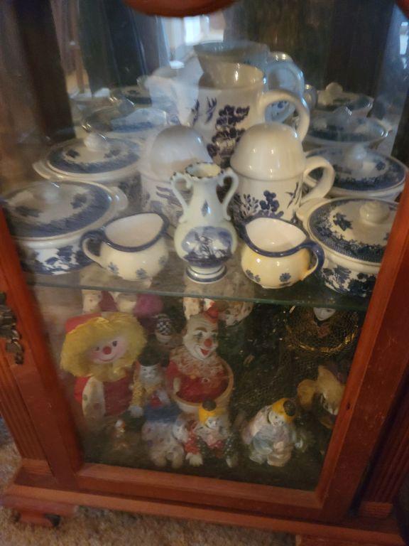 WOOD AND GLASS CABINET, ASSORTED FIGURINES, CHINA SET, GLASS CLOCK :INCLUDE