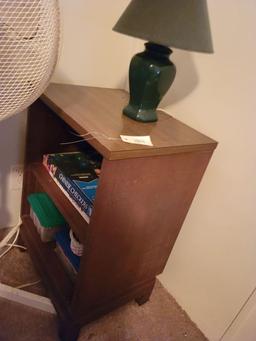 WOODEN SIDE TABLE AND LAMP:INCLUDES ITEMS INSIDE/ON TOP AND AZTEC RUG