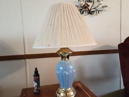WOODEN SIDE TABLE WITH MISC AND BLUE LAMP
