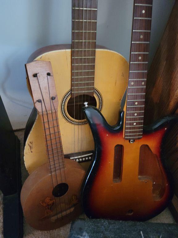 TWO ACOUSTIC GUITARS, ELECTRIC GUITAR WITH AMP