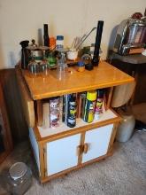 SMALL WHITE AND BROWN STORAGE TABLE WITH FOLD UP SIDES AND DOORS,COOKBOOKS,