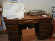 WOODEN DESK (42"Lx28"H), SEWING MACHINE WITH COVER,MISC.INCLUDES ITEMS INSI