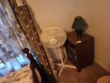 WOODEN SIDE TABLE AND LAMP:INCLUDES ITEMS INSIDE/ON TOP AND AZTEC RUG