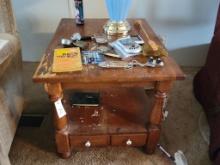 WOODEN SIDE TABLE WITH MISC AND BLUE LAMP
