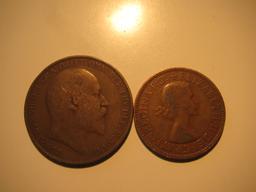 Foreign Coins: Great Britain 1906 Penny & 1959 1/2 Penny