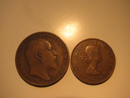 Foreign Coins: Great Britain 1909 Penny & 1958 1/2 Penny