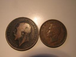 Foreign Coins: Great Britain 1919 Penny & 1942 (WWII) 1/2 Penny