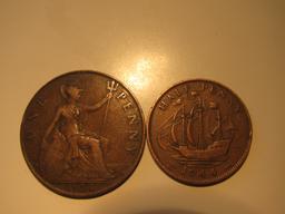 Foreign Coins: Great Britain 1926 Penny & 1944 (WWII) 1/2 Penny
