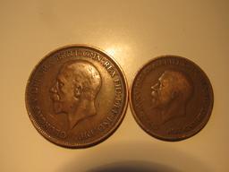 Foreign Coins: Great Britain 1936 Penny & 1929 1/2 Penny