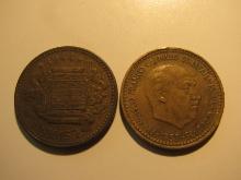 Foreign Coins: Spain 1944 (WWII) & 1953 Pesetas