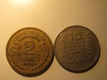 Foreign Coins: France 1938 2 & 1949 10 Francs