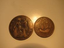 Foreign Coins: Great Britain 1919 Penny & 1941 (WWII)  1/2 Penny