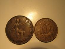 Foreign Coins: Great Britain 1922 Penny & 1945 (WWII) 1/2 Penny