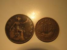 Foreign Coins: Great Britain 1919 Penny & 1939 (WWII) 1/2 Penny