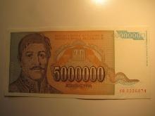Foreign Currency: 1993 Yugoslavia 5 Million  Dinara