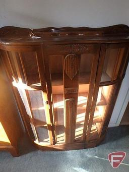 Antique oak hutch with curved front, framed glass doors