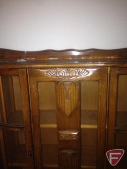 Antique oak hutch with curved front, framed glass doors