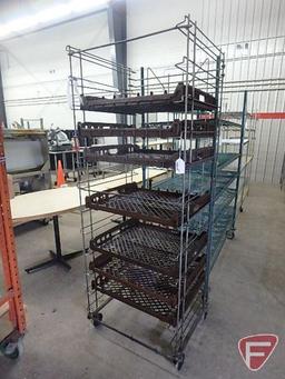 Collapsible bread rack on casters and (7) plastic bread trays