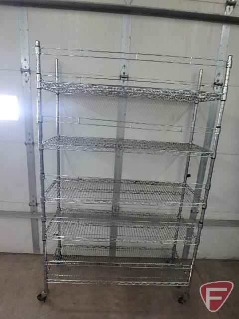 Metro style racking/shelving on casters: (4) uprights 76inH, (5) shelves 48inX18in, (6) back braces