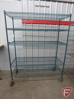 Metro coated racking/shelving on casters: (4) uprights 76inH, (5) shelves 60inX24in