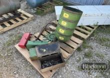 (3) PALLETS WITH JOHN DEERE SEED HOPPERS, TOOLBOXES AND MISC.