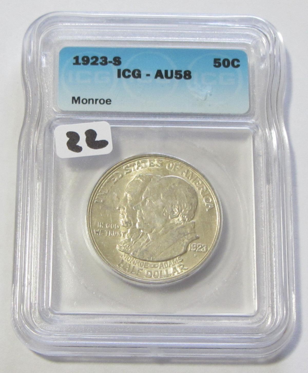 1923-S Monroe Commemorative Silver Half Dollar ICG AU 58