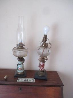 2 Oil Lamps with Butterfly and Flowers (electrified)