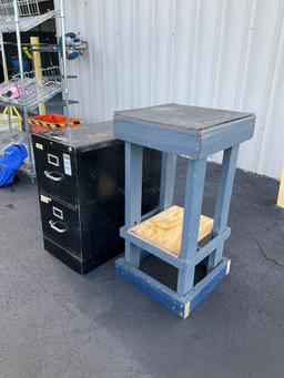 ( 1 ) TWO DRAW CABINET & ( 1 ) TABLE STAND......, APPROX...15? W x 27? L x 29? T / & APPROX 19" W...
