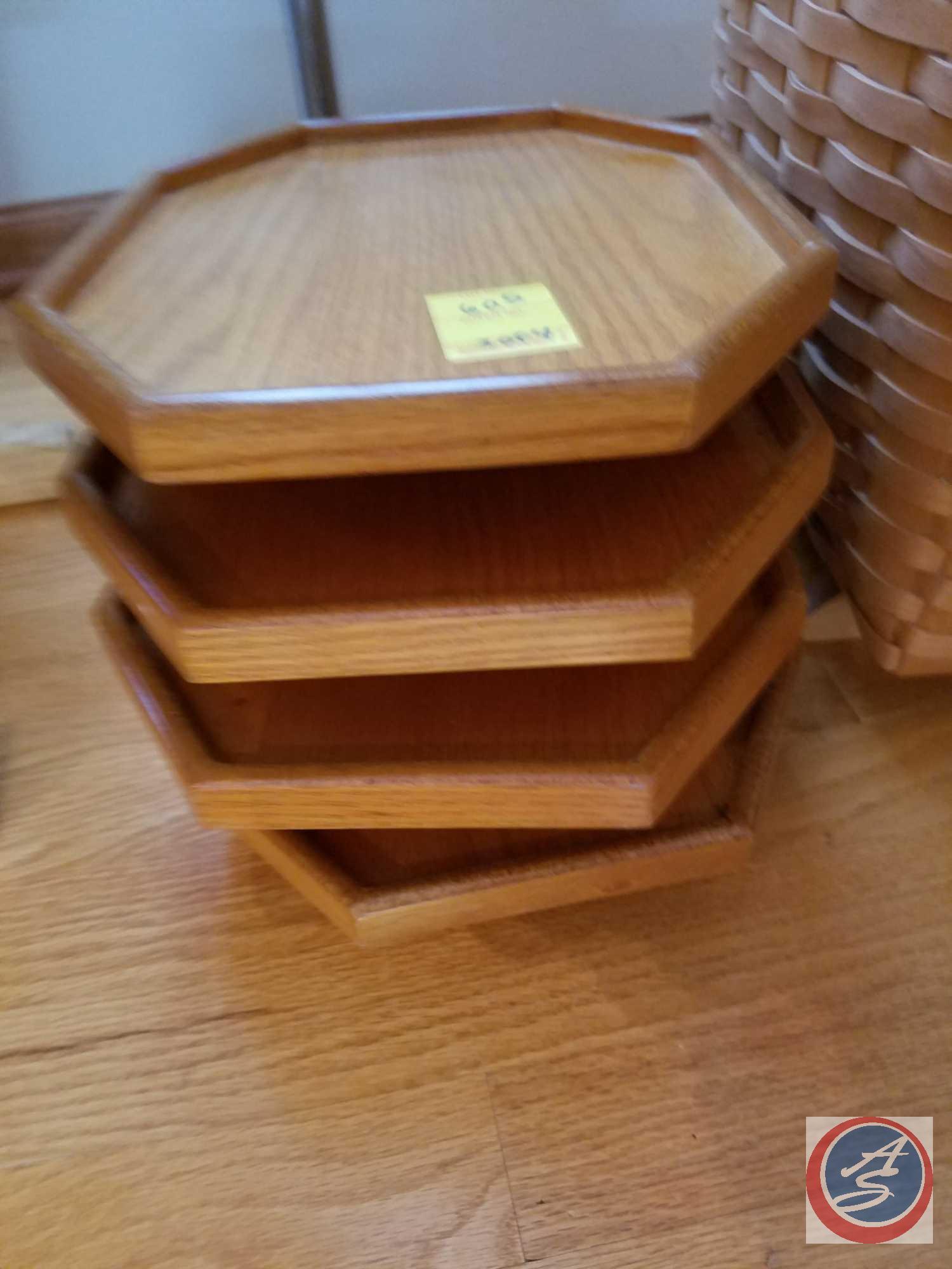 4 wood tv table trays with holder, 4 wood lap trays, Longaberger magazine basket (#12122), floor