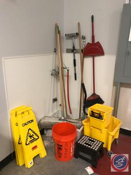 Industrial Mop Bucket, (2) Caution Wet Floor Signs, 5 Gallon Bucket, Dry Mop, Broom, Dustpan, Step