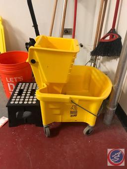 Industrial Mop Bucket, (2) Caution Wet Floor Signs, 5 Gallon Bucket, Dry Mop, Broom, Dustpan, Step