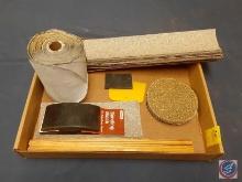 Assortment of Sandpaper and Sandpaper Block, Paint Stir Sticks