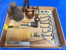 Vintage Oiler Cans, Ruler, Scissors, Hand Broom, Brush, Ice Pick, Vintage Forged Hooks, Vintage Rail