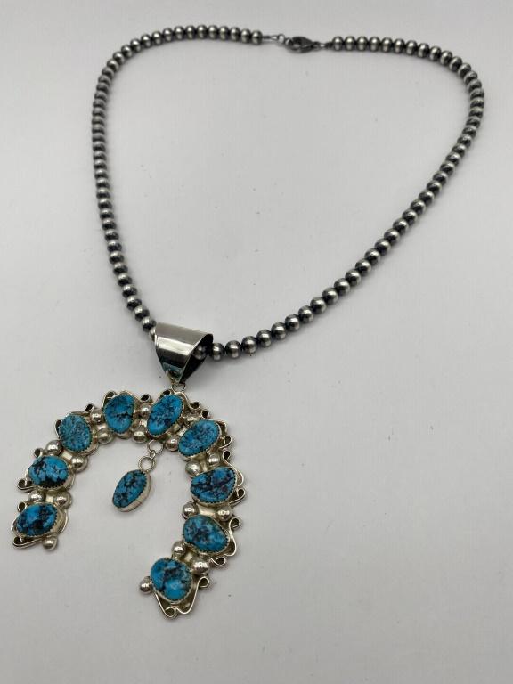 STERLING TURQUOISE NAVAJO SQUASH BLOSSOM NECKLACE