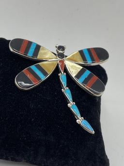 ANGUS AHIYITE STERLING ZUNI DRAGONFLY PIN PENDANT
