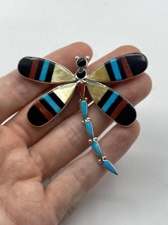 ANGUS AHIYITE STERLING ZUNI DRAGONFLY PIN PENDANT