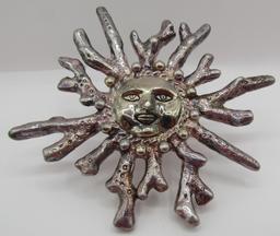 3.5" SUNFACE PIN NECKLACE STERLING SILVER BROOCH