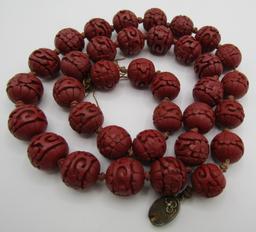 26" 15MM CINNABAR BEAD NECKLACE STERLING SILVER