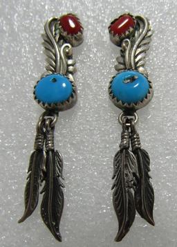 "SS" TURQUOISE & CORAL EARRINGS STERLING SILVER