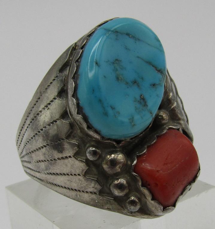 YAZZIE TURQUOISE CORAL RING STERLING SILVER SZ12.5