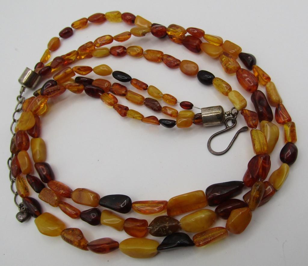 23" "DRT" 3 STRAND AMBER NECKLACE STERLING SILVER